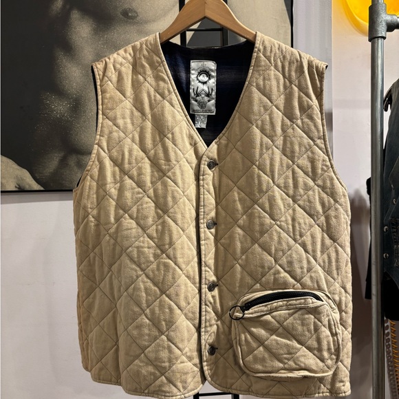 Anarchic Adjustment Quilted Beige Vest with Pocket 90s Vintage L
